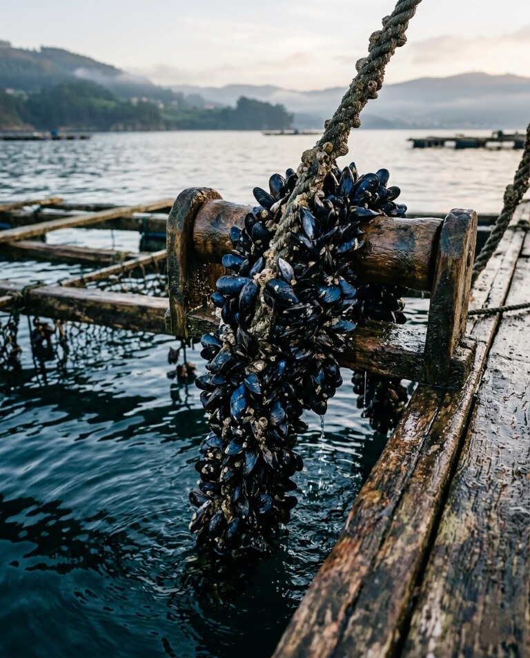 Fresh mussels on a rope at a traditional wooden Galician mussel raft