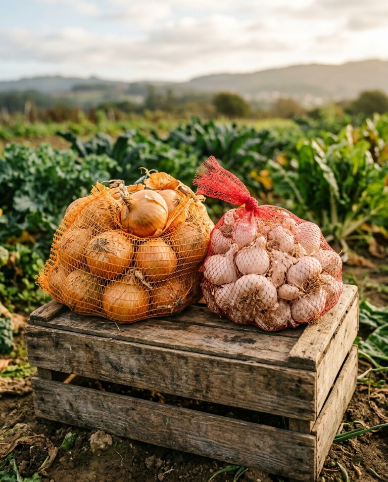 Onions and garlic in extruded mesh bags on a wooden crate in a Galician field