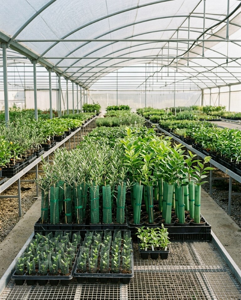Plant nursery greenhouse with seedlings and plastic tree protectors